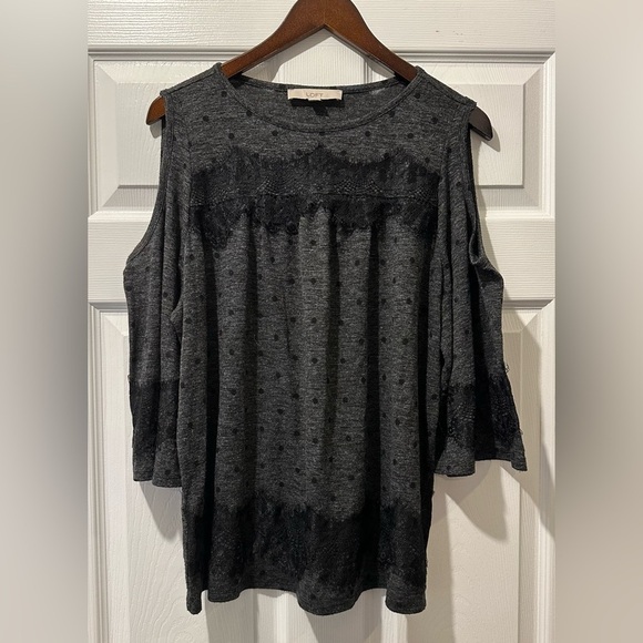 ANN TAYLOR LOFT L Gray Knit Black Polka Dot Lace Open Shoulder R $69 - Picture 2 of 10
